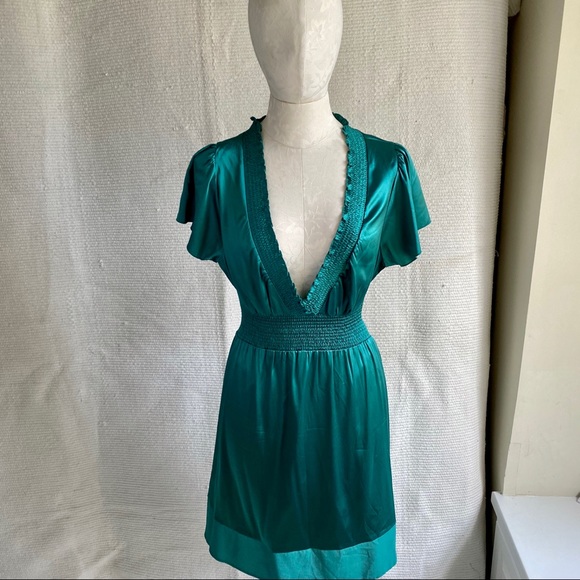 BCBGMaxAzria M Silk Sexy Boho Babydoll Dress Green - Picture 6 of 8